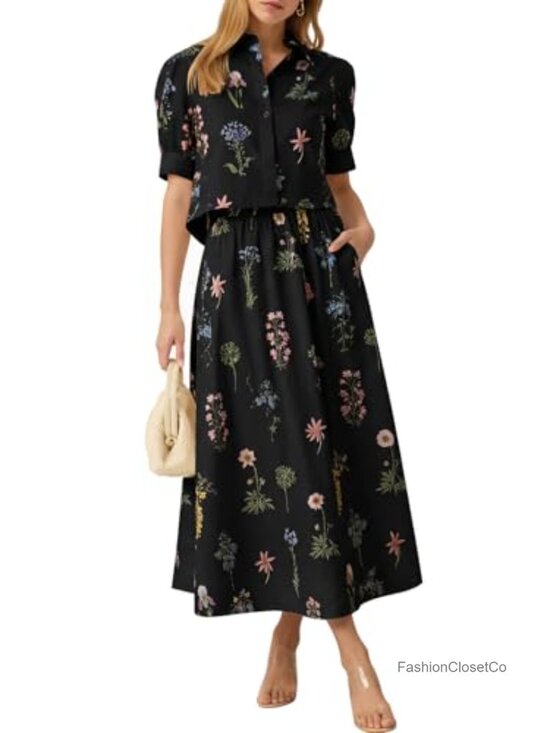 Dresses & Skirts - Womens 2 Piece Floral Skirt Set Puff Sleeve Blouse Elastic Waist Matching